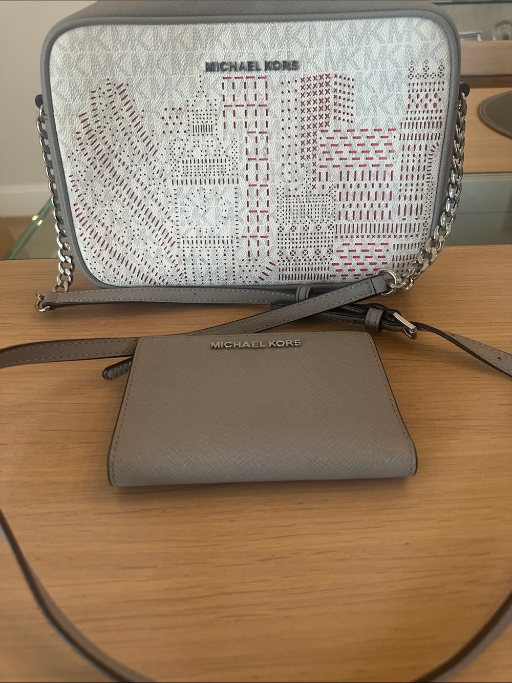 Michael Kors Gray Crossbody Bag with Matching Wallet and Subtle Red Accents